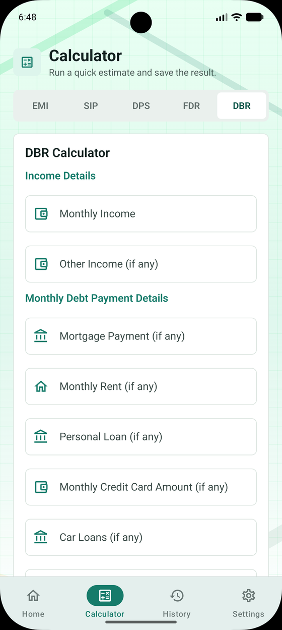 DBR calculator screen comparing income against monthly debt payments