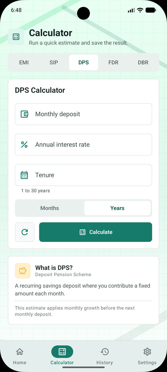 DPS calculator screen for a monthly deposit pension scheme