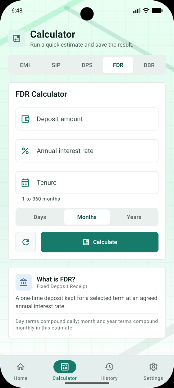 FDR calculator screen with deposit amount, rate and compounding term
