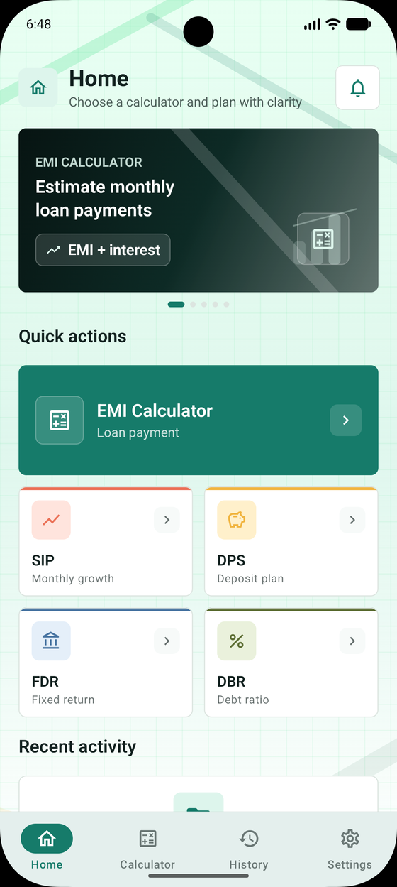 EMI Calculator home screen with quick actions for EMI, SIP, DPS, FDR and DBR