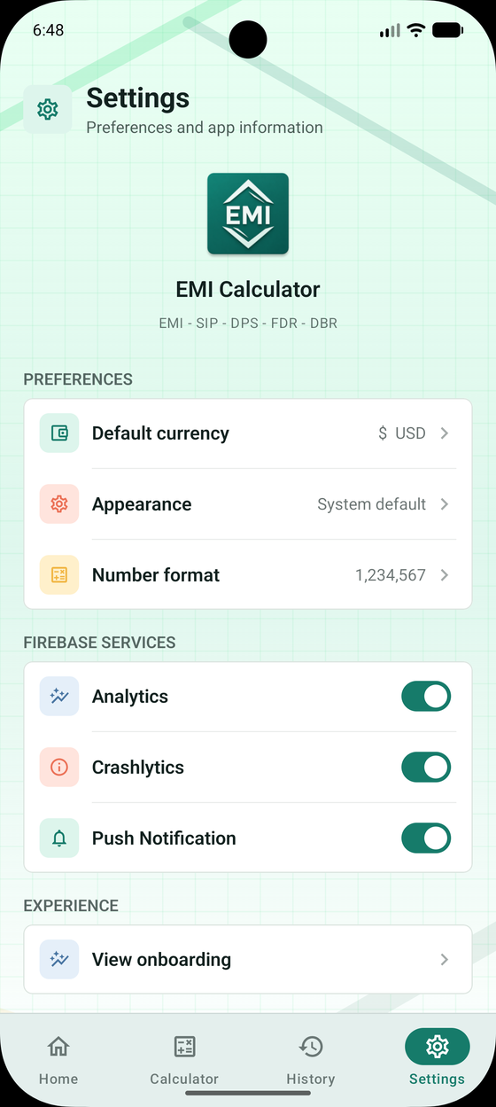 Settings screen showing currency, appearance and Firebase service toggles
